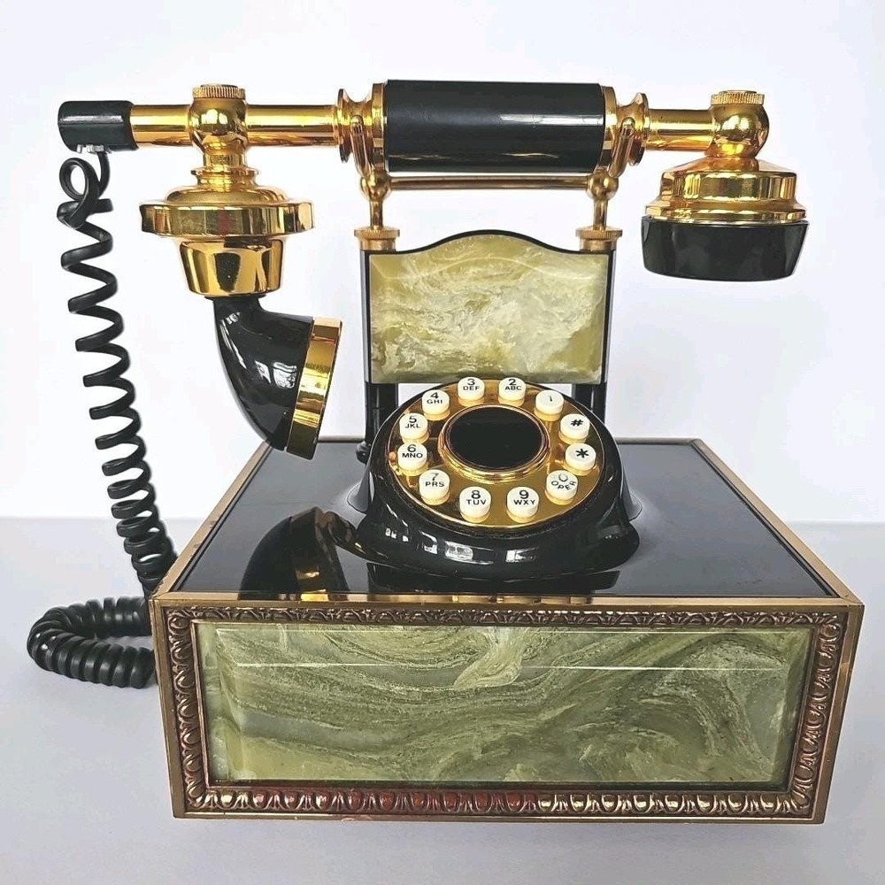 Vintage French Victorian Style Push Button Telephone Faux Green Onyx Gold Black